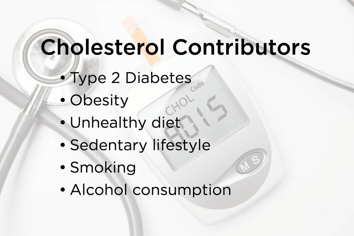 Lista över faktorer som bidrar till högt kolesterol över bild av kolesterolmätare och stetoskop